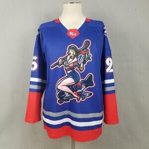 5IVEHOLE Shirt Mens Medium Blue Hockey Jersey Pinup Girl 26 Graphic Long Sleeve